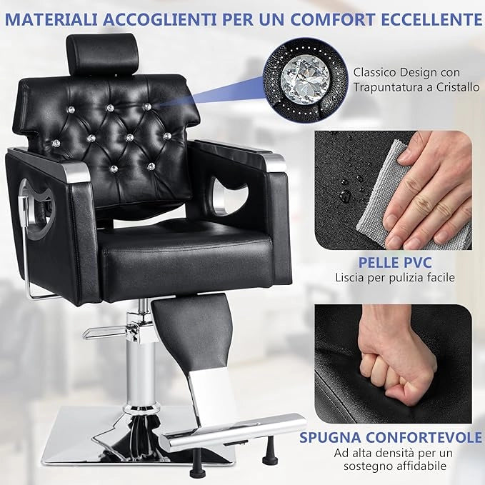 Poltrona da Barbiere Girevole, Attrezzatura Spa con Schienale Imbottito, Poggiatesta Regolabile a 6 Livelli, Pompa Idraulica Pesante, Portata 150 kg, Nero
