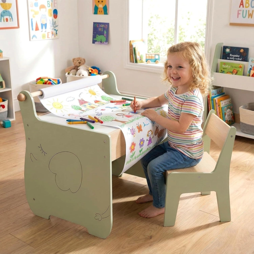 Set Tavolo e Sedia per Bambini 4 in 1, Set con Scrivania e Sedia in Legno per Bambini con Lavagna Reversibile, Rotolo di Carta e Contenitore Nascosto per Aula e Cameretta (Verde)
