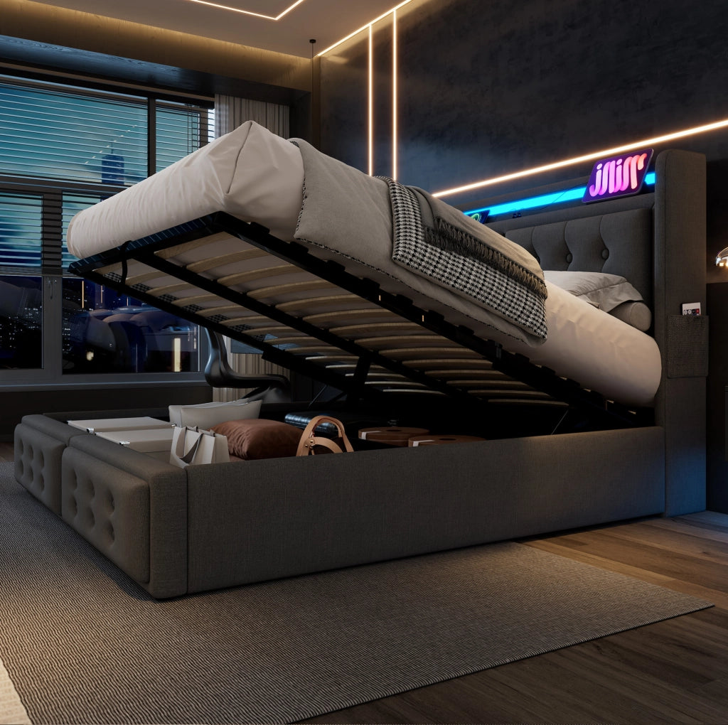 Letto imbottito 140x200 cm con LED, USB-C e vano contenitore grigio