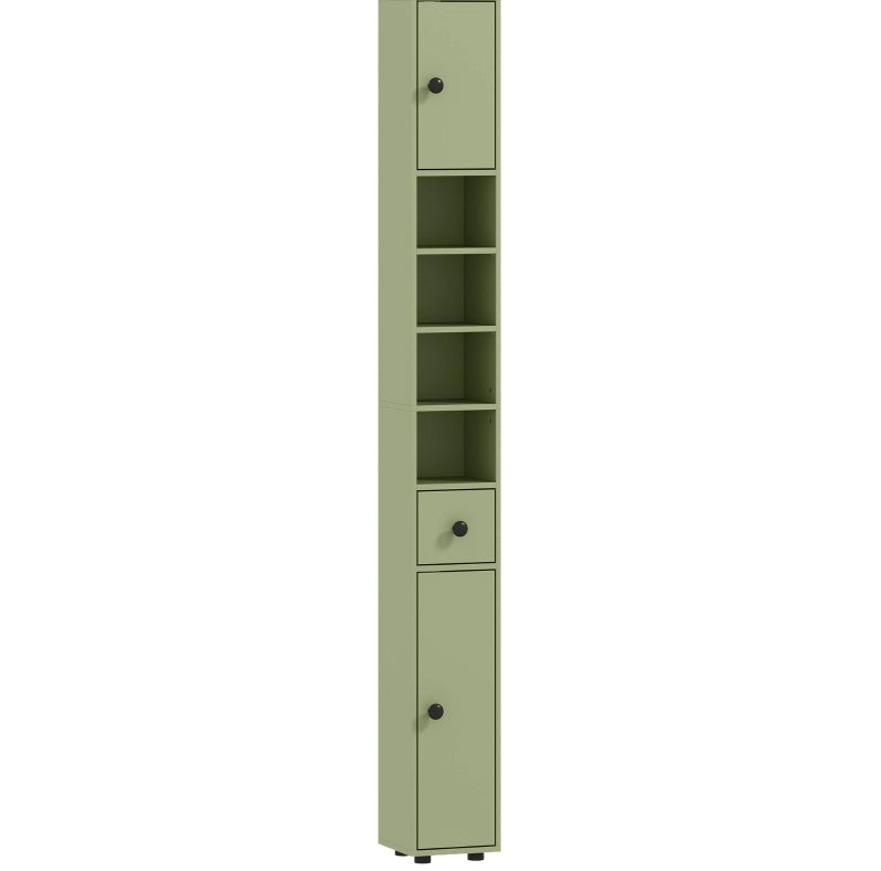Mobile da bagno stretto verde con cassetto e 4 ripiani aperti 180x20x20 cm