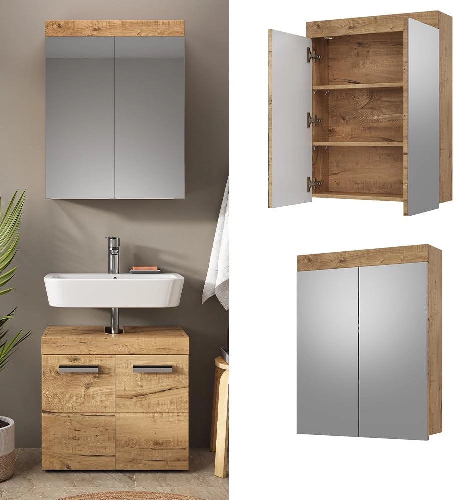 Specchio contenitore bagno Luna, Quercia Wotan, 60 x 77 cm, per montaggio a parete, combinabile con altri mobili Luna
