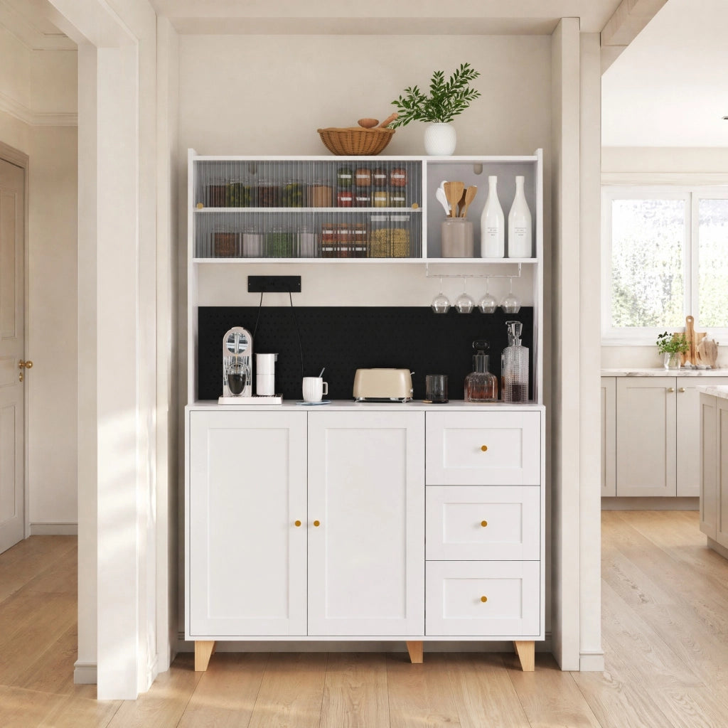 Mobile bar con 3 cassetti, ripiani regolabili, portabicchieri e prese USB, in MDF e PB bianco 120 × 40 × 184 cm