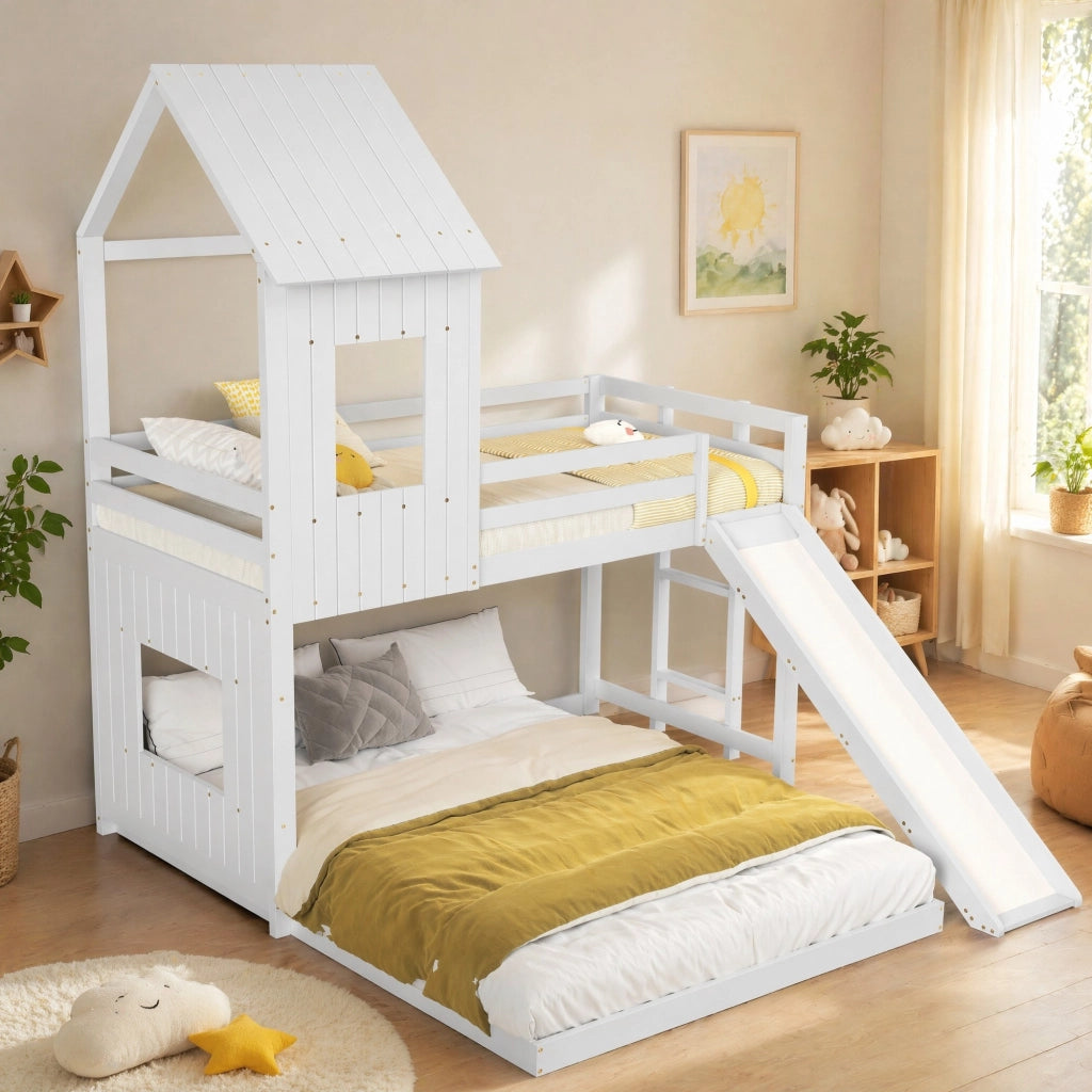 Letto a castello per bambini con scivolo bianco 90x200/140x200 cm