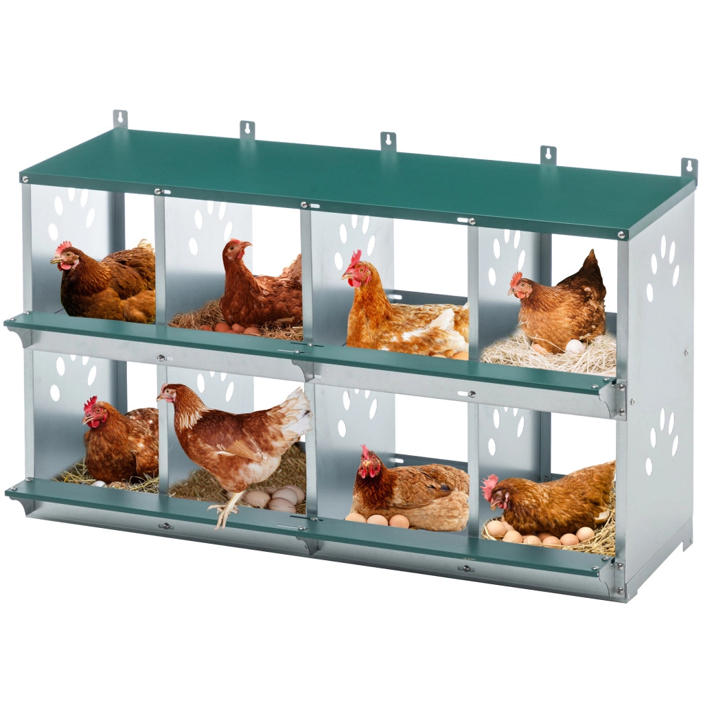 Nido per galline in metallo a 8 scomparti, verde, struttura zincata resistente, facile da pulire, 108 x 41 x 67 cm