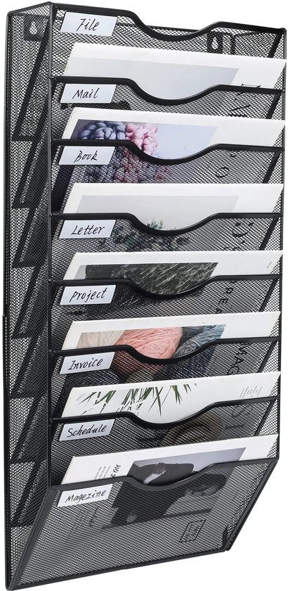 Rack per riviste appeso a 8 strati, organizzatore per ufficio/studio/casa, classificatore metallico, mensola per la letteratura per la conservazione di riviste/lettere/documenti, nero