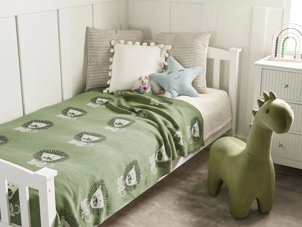 Coperta per bambini in cotone verde 130 x 180 cm Coperta per il letto Accogliente motivo leone Camera da letto Camera dei bambini Design moderno