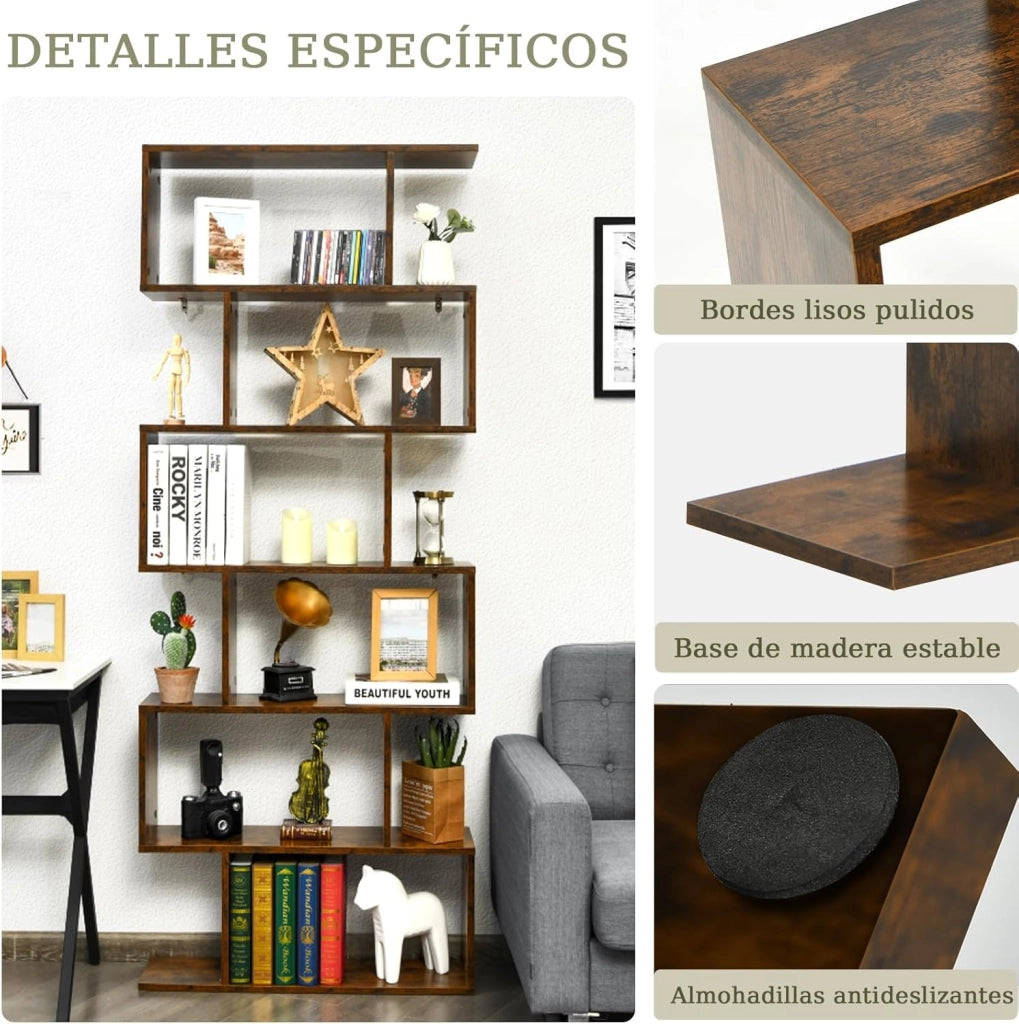 Libreria a 6 livelli, libreria a forma di S, scaffali per libri, design antiribaltamento, libreria, per soggiorno, camera da letto, studio, ufficio, 80 x 23 x 191 cm (caffè)
