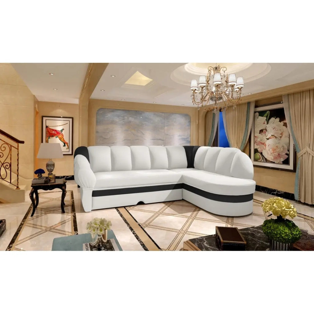 Divano angolare destro convertibile BENANA 250 cm bianco e nero con contenitore