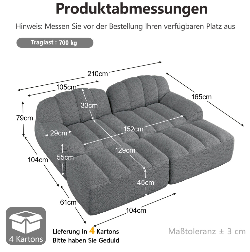 Divano modulare angolare senza struttura 210x165x79 cm in fleece granulato grigio