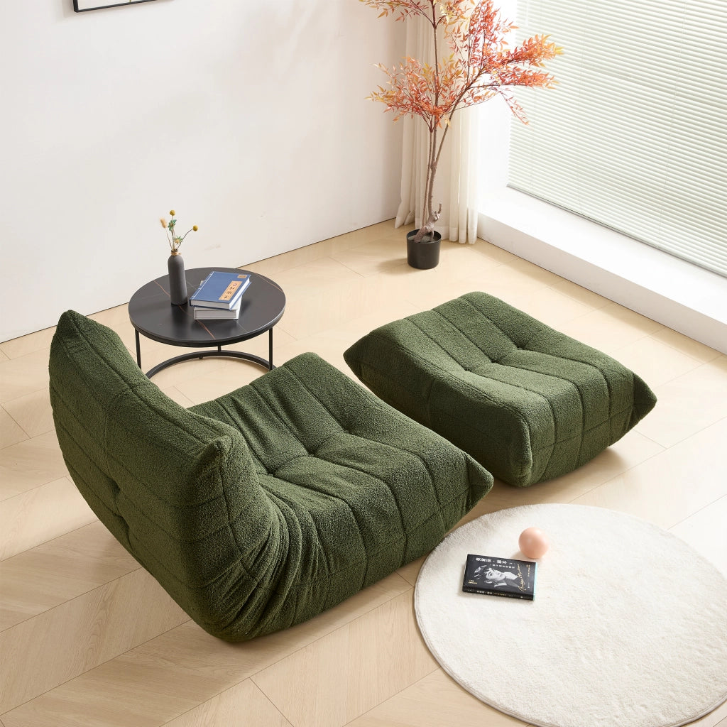 Divano lounge verde in teddy fleece, 112 × 189 × 82 cm