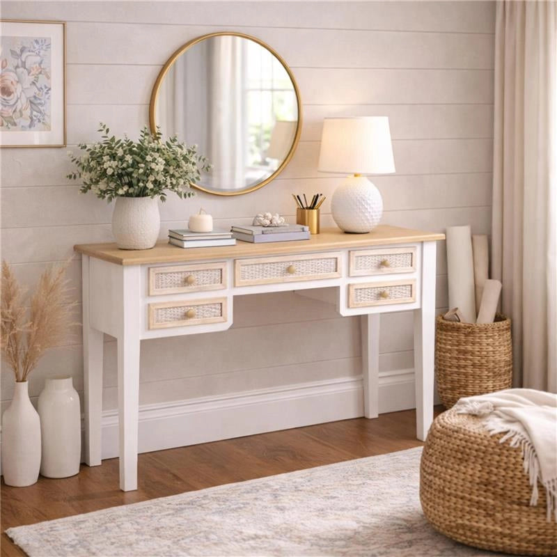 MA MAISON SCRIVANIA BIANCA IN LEGNO 90X40X79 CM CON 5 CASSETTI, SCRITTOIO ELEGANTE STILE SHABBY CHARM PER STUDIO E CAMERA