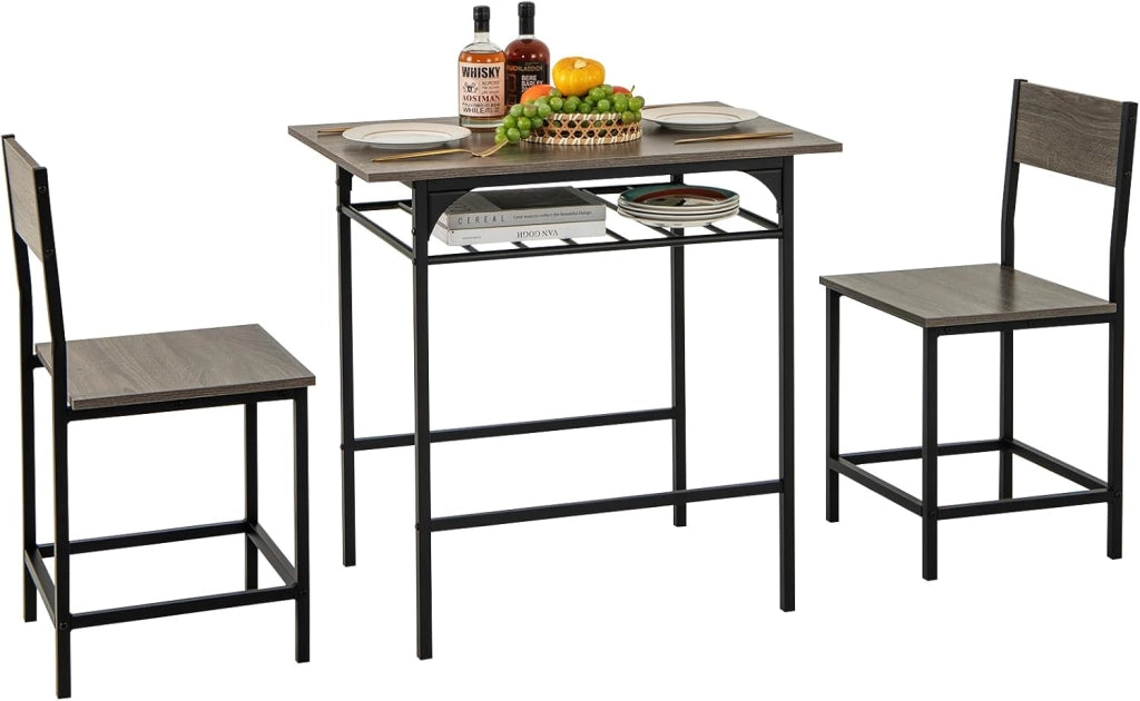 Set da pranzo 3 pezzi, tavolo da pranzo con ripiano per bottiglie e 2 sedie con schienale, design compatto, stile industriale, tavolo da colazione per 2 persone (grigio)