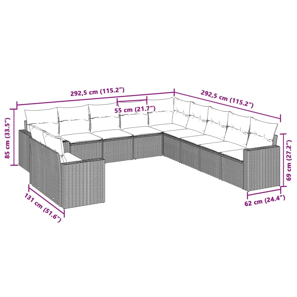Set Divani da Giardino 11 pz con Cuscini in Polyrattan Grigio