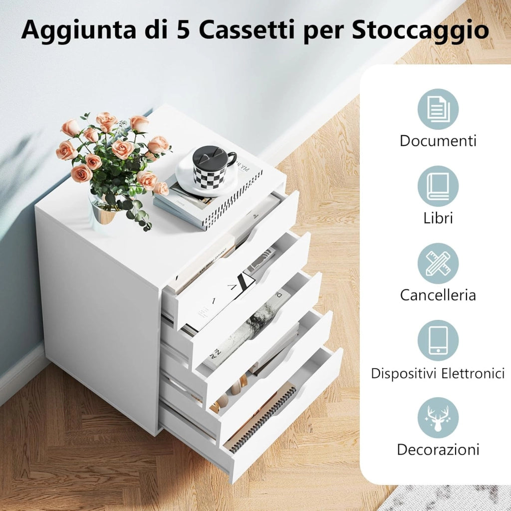 Cassettiera da Ufficio con 5 Cassetti e Ruote, Mobiletto Multiuso per Documenti e Cosmetici, Comodino con Ruote per Camera da letto, Studio, Ufficio e Soggiorno (Bianco)