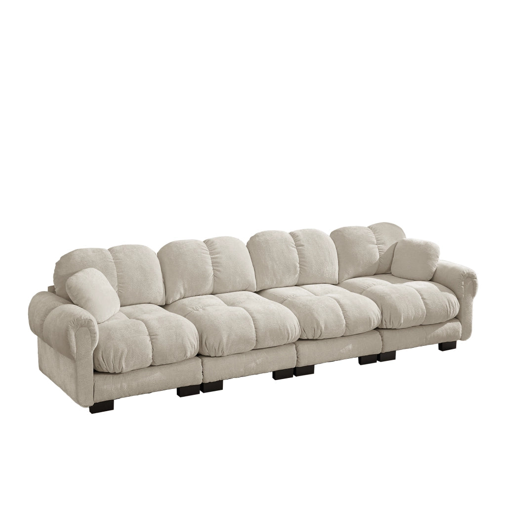 Divano modulare 4 posti con seduta imbottita schienale curvo e cuscino lombare in chenille beige chiaro