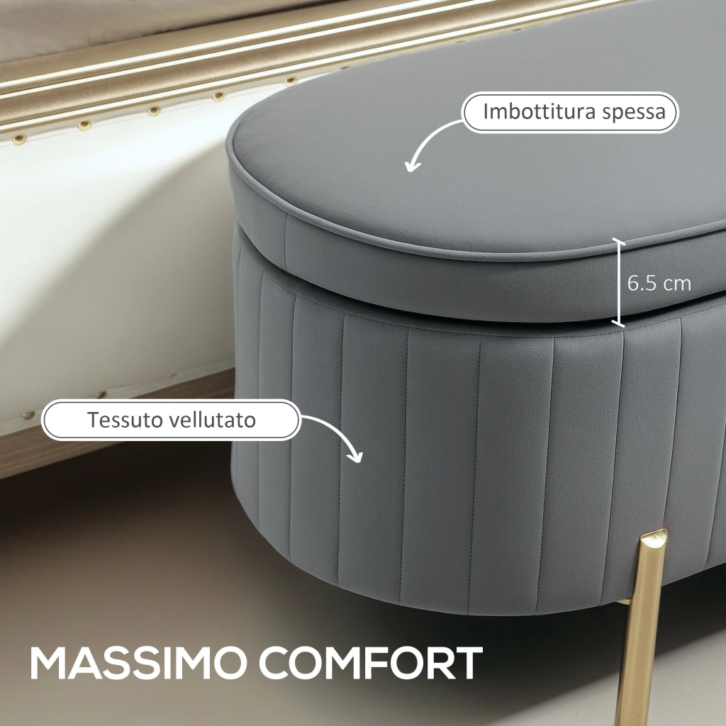 Panca Contenitore Ovale da 72L con Coperchio Sollevabile. in Tessuto Vellutato e Legno. 108x44x43.5 cm. Grigio