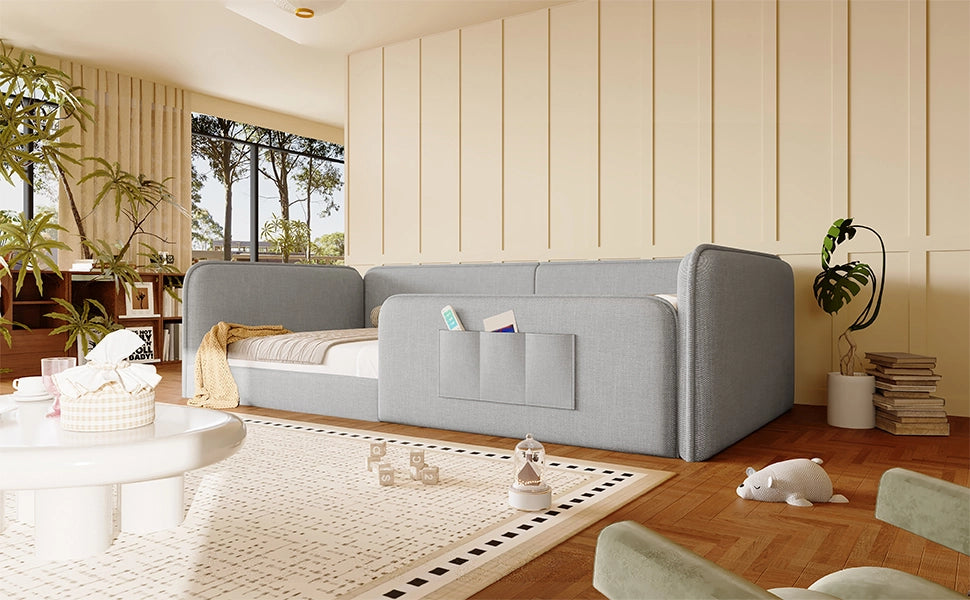Letto singolo 90x200 in lino grigio con bordo di sicurezza e tasche laterali