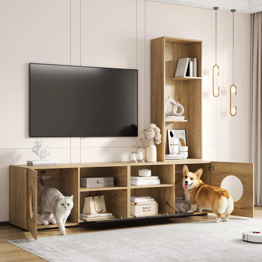 Mobile TV 185x40x162 cm con spazio per gatti e scaffale nero e naturale