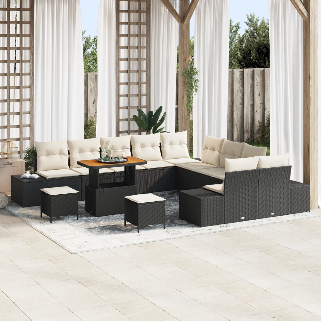 Set di divani da giardino  13 pezzi con cuscini, nero, polyrattan, acacia