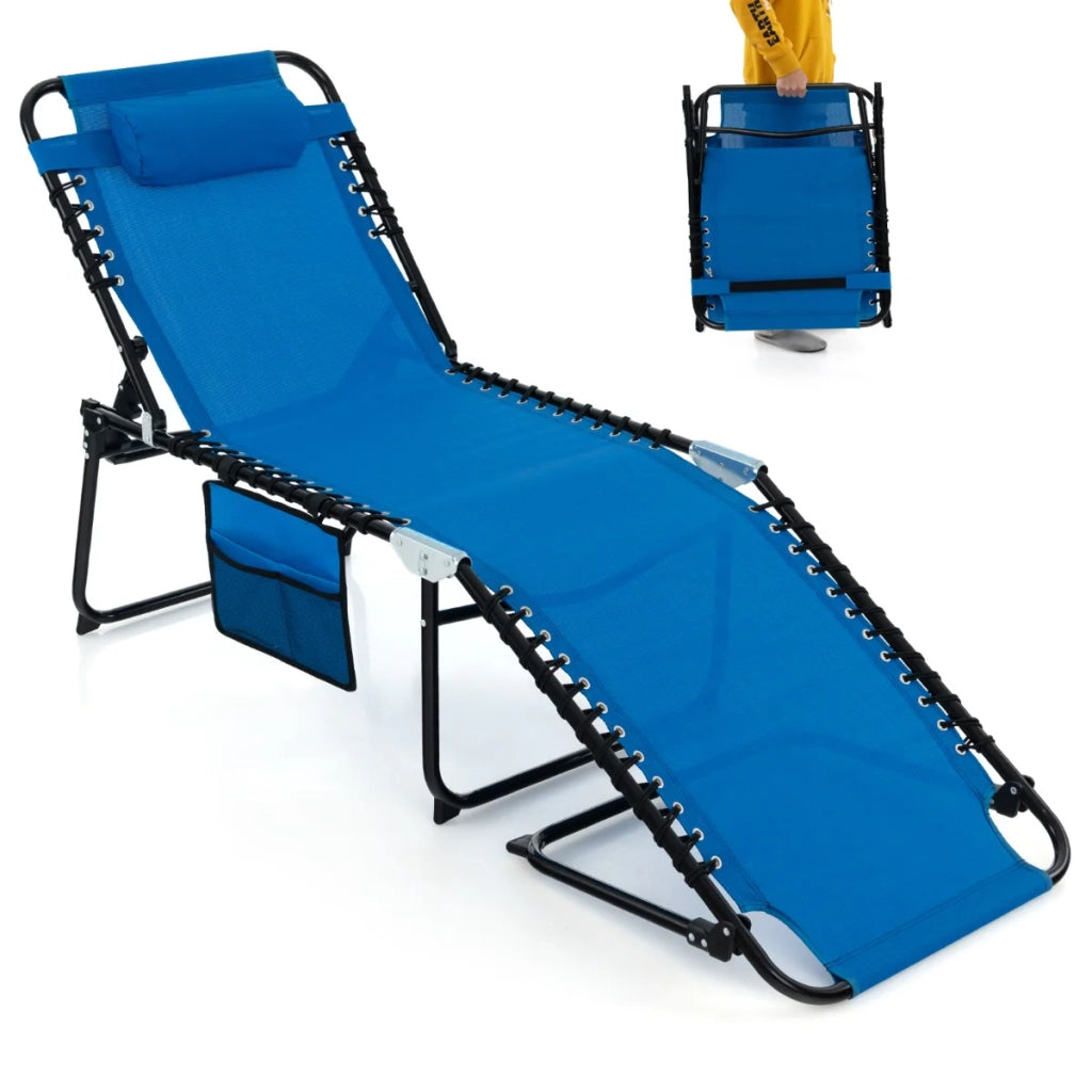 Chaise longue pieghevole 189 x 59 x 40 cm regolabile in 4 posizioni poggiatesta rimovibile design moderno in tessuto blu 20_0011252