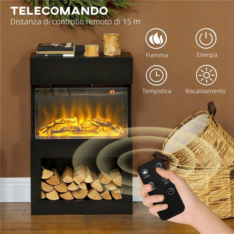 CAMINO ELETTRICO CON EFFETTO FIAMMA 3D COLORATA, 1000W/2000W CON TEMPERATURA REGOLABILE E TELECOMANDO, NERO