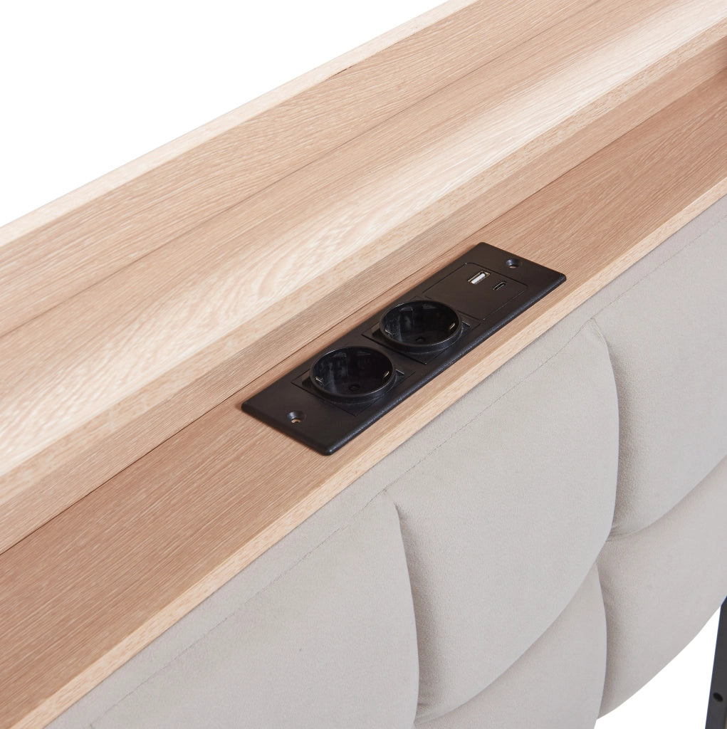 Divano letto imbottito 90x200 cm beige con LED, USB-C e 2 cassetti