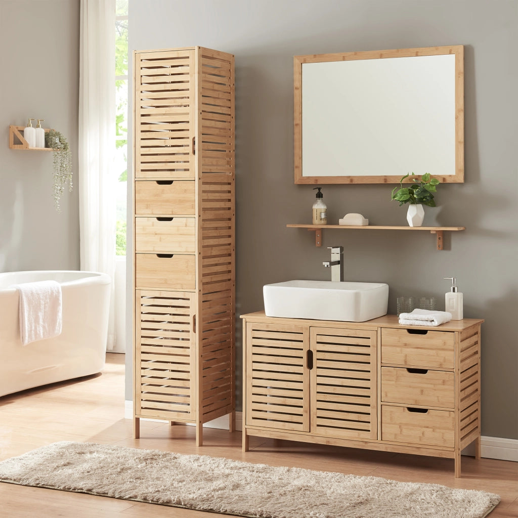 Mobile Sottolavabo Boksereys con Scomparto Chiuso e 3 Cassetti 60 x 100 x 35 cm - Bambù Naturale [en.casa]