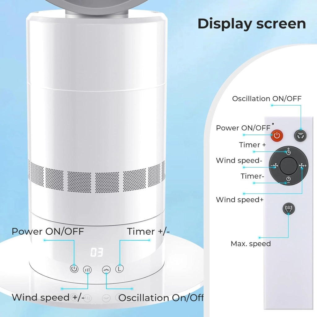 Ventilatore a torre senza lama, 10 velocità, oscillante a 71°, timer 9H, con telecomando, sicurezza per bambini, silenziatore, con display a LED, per camera da letto, ufficio