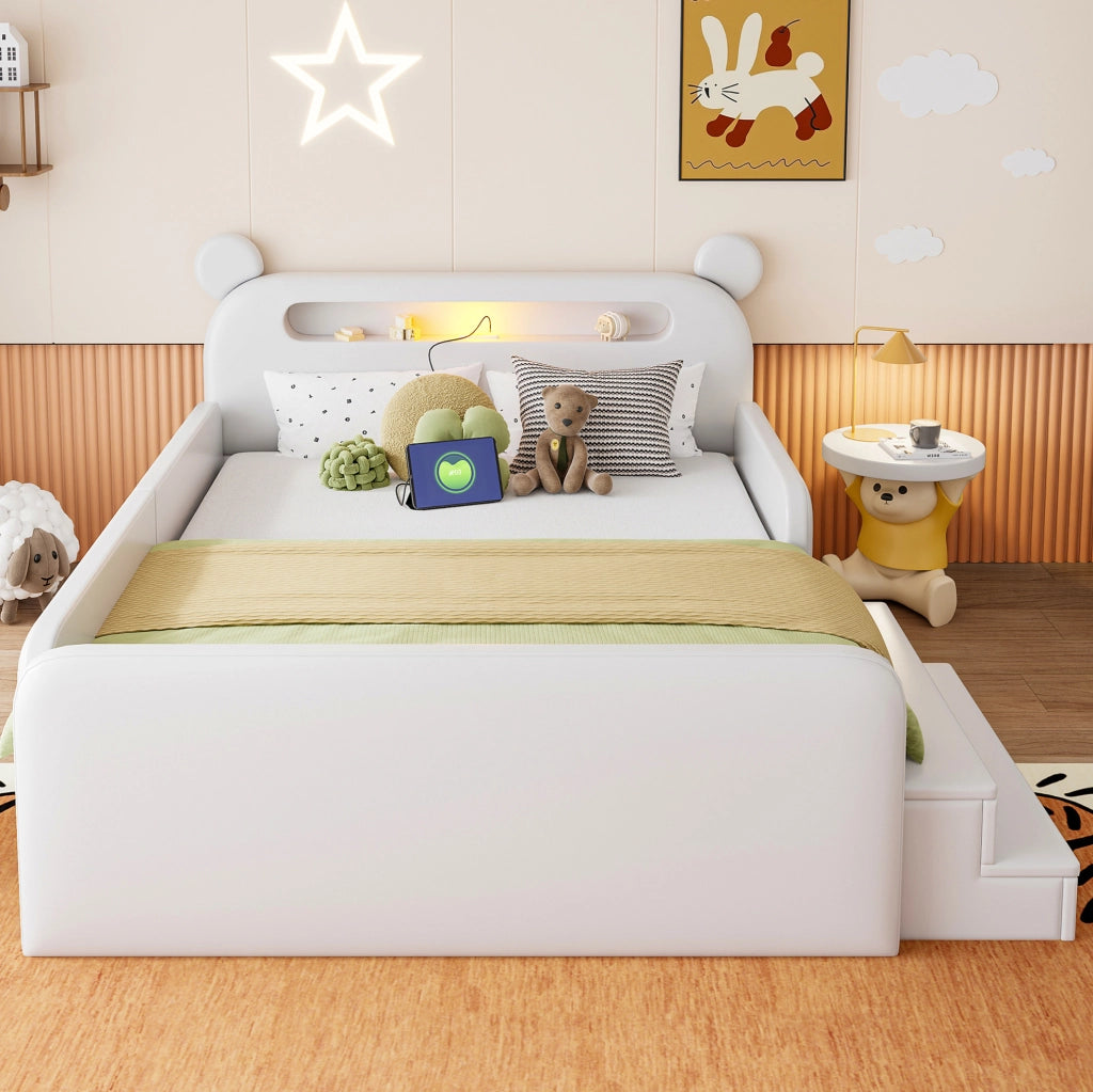 Letto imbottito per bambini 140x200 cm con testiera a orsetto, luce notturna e USB bianco
