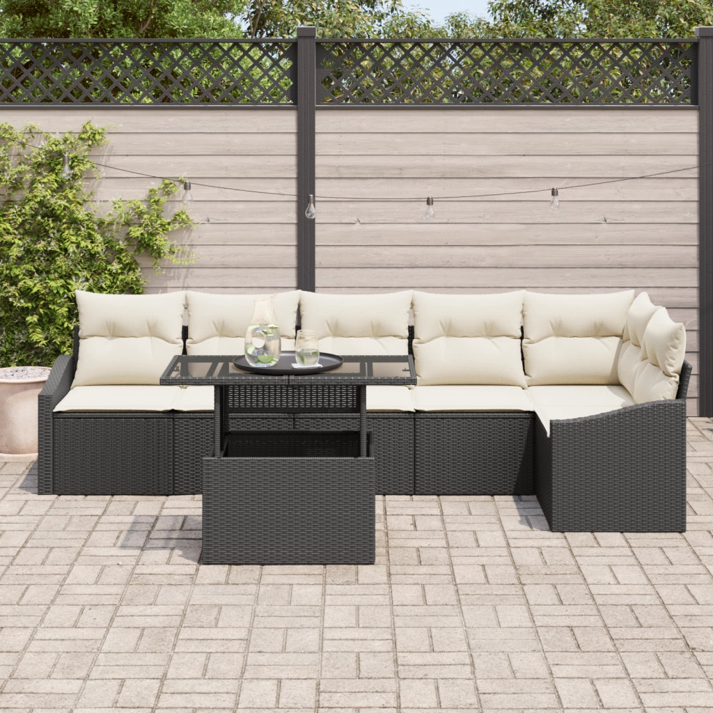 Set di divani da giardino 7 pezzi con cuscini in polirattan nero