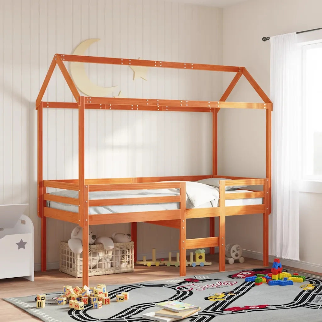 Letto singolo | Letto per adulti | Letto a Soppalco con Tetto Cera 80x200 cm in Legno di Pino