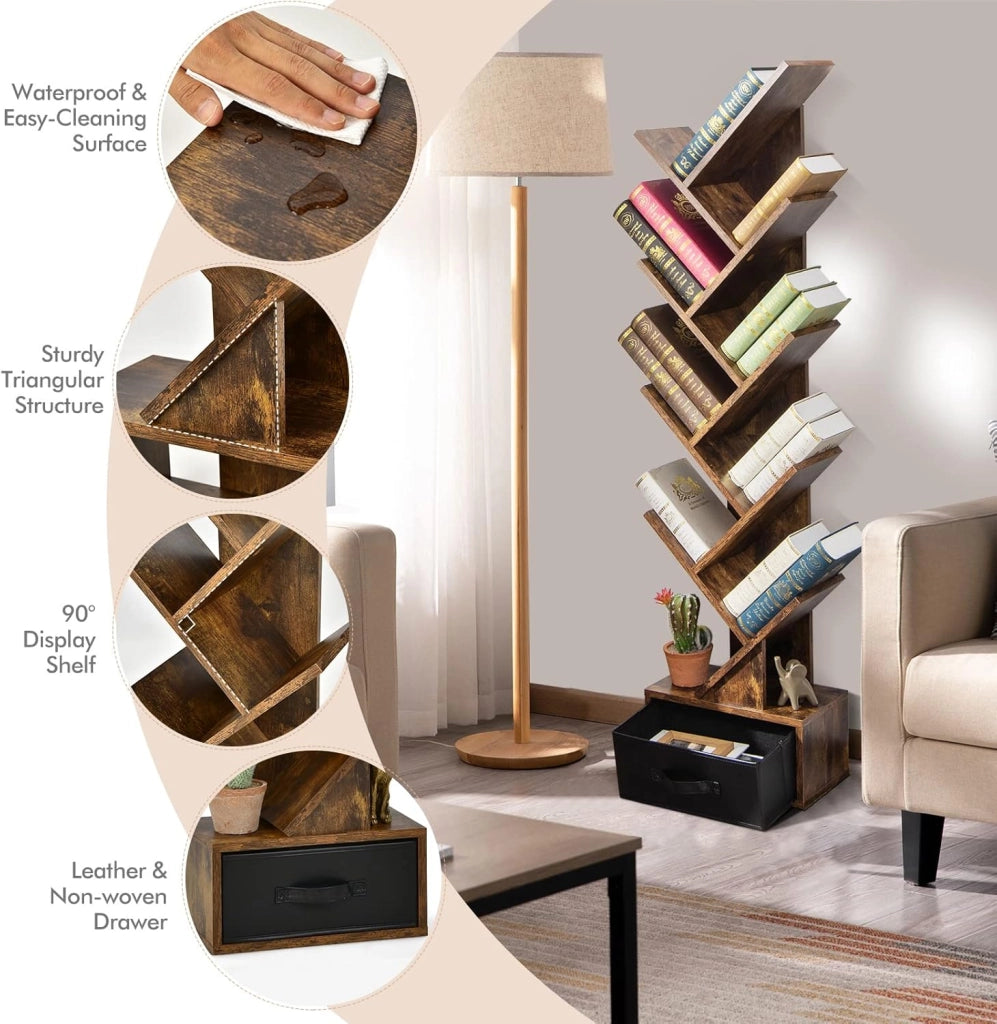 Libreria ad Albero, a 8 Ripiani, Scaffale per Libri con Cassetto Rimovibile, Design di Antiribaltamento, Organizzazione per CD, Riviste, Libri, 38x20x149,5 cm, 4 Colori (Marrone)