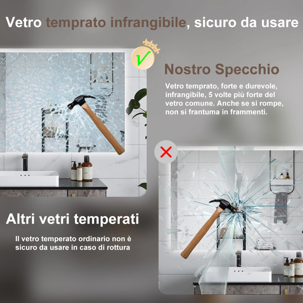 AICA Specchio da bagno 100 x 60 cm, antiappannamento, dimmerabile, interruttore touch, Funzione Memoria