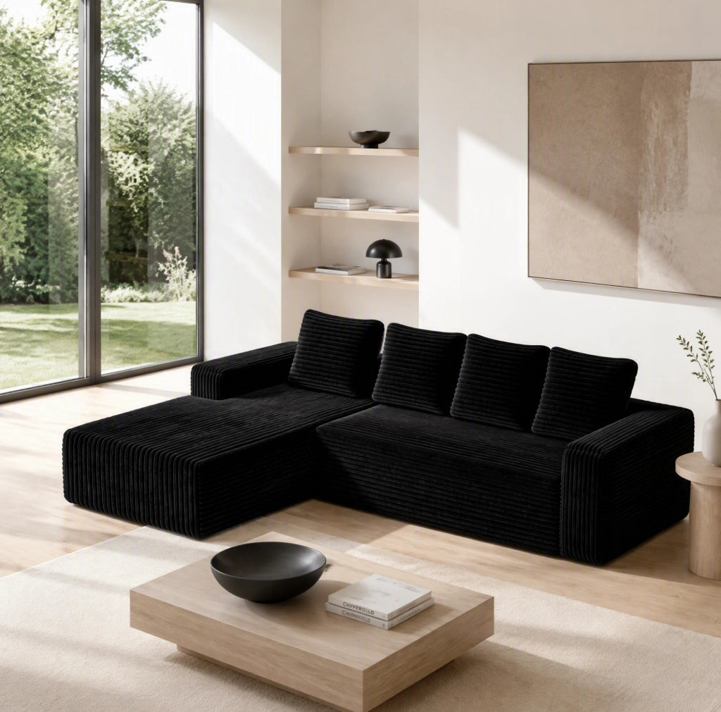 Divano modulare angolare con chaise reversibile; senza montaggio; in velluto a coste nero