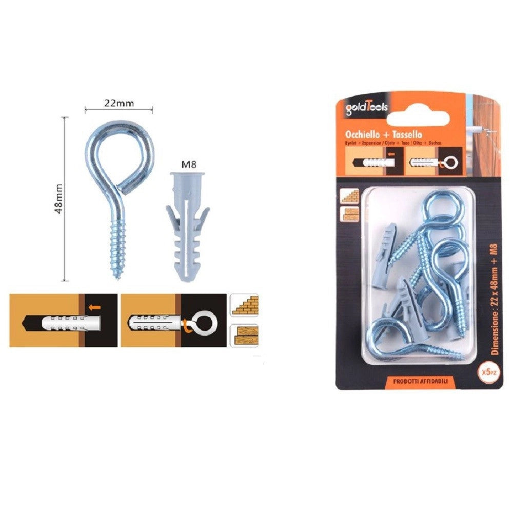 Trade Shop - Set 5pz Vite A Occhiello Chiuso 22x48mm + Tasselli Con Alette Tassello M8 90725 -