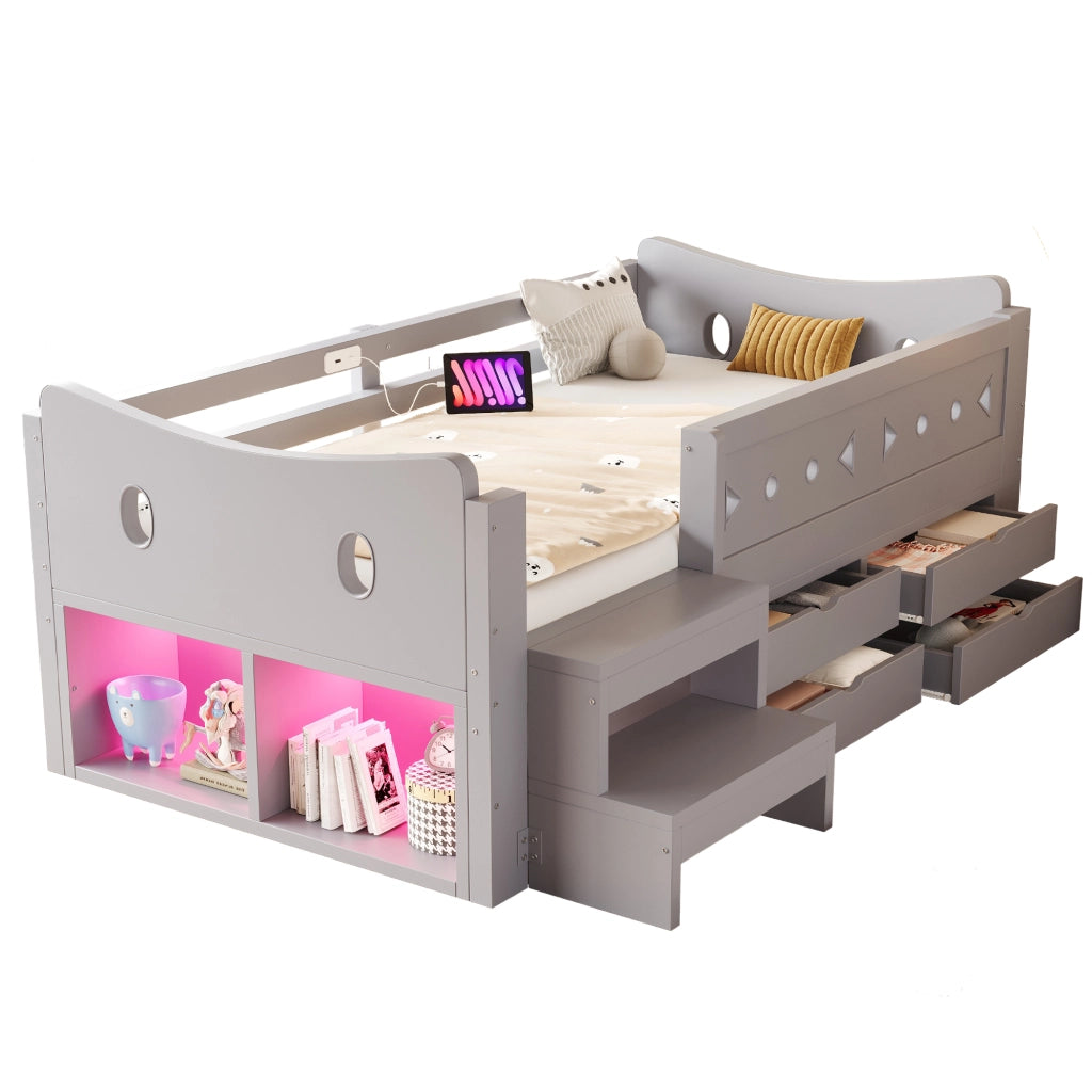 Letto singolo per bambini 90x200 cm con cassetti; testiera portaoggetti; sponda; LED; USB e USB-C; legno grigio