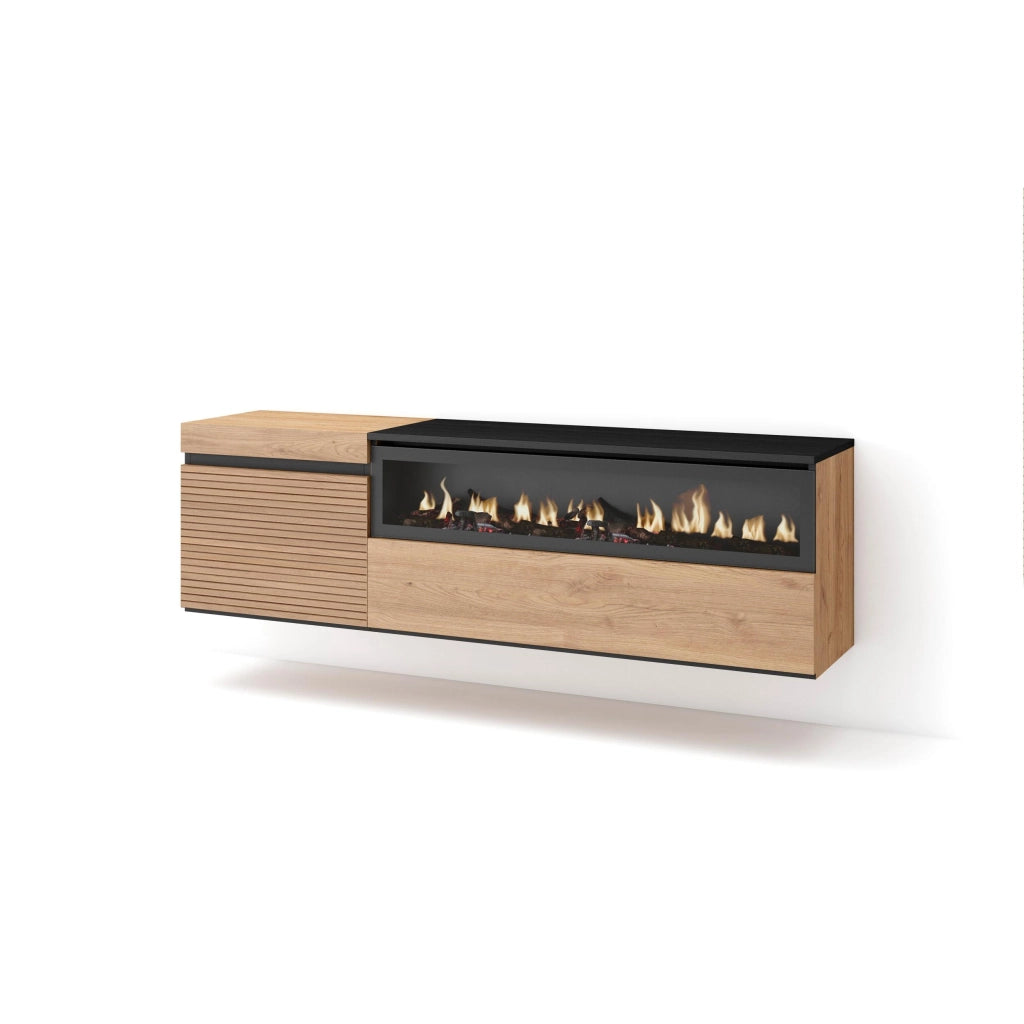 Mobile TV Soggiorno, 150x35x45cm, Per TV fino a 65", Camino elettrico, da appendere, colore Rovere RF3305