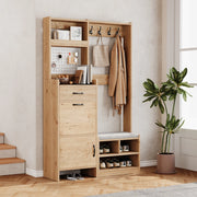 Mobile da ingresso con 2 ante 1 cassetto 4 ganci vano aperto e panca con pannello forato, natural, 108.5 × 35 × 180 cm