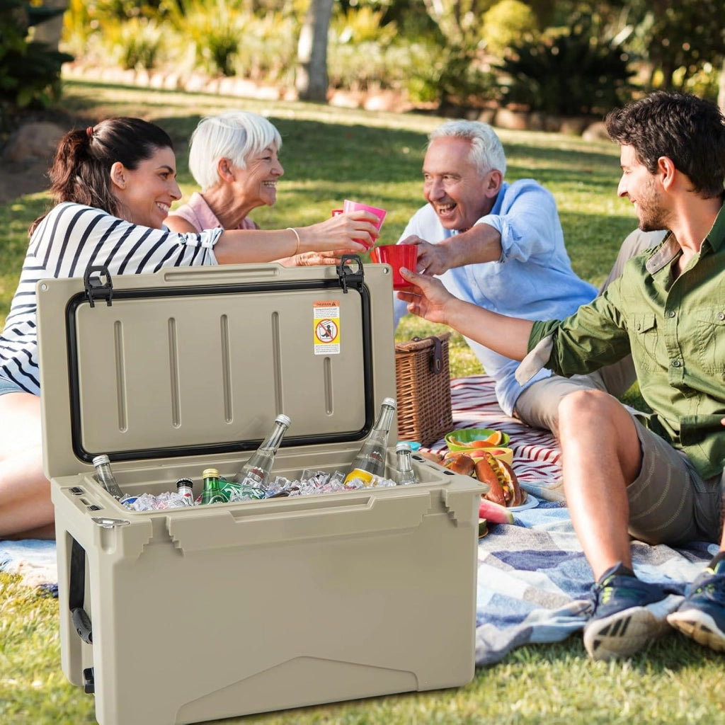 Frigorifero Portatile da 47 Litri, Frigo da Campeggio con Portabicchieri Integrati, Freddo Portatile con Manico, Fino 5-7 Giorni, Regolo e Apribottiglie, per, Campeggio, Picnic, Pesca