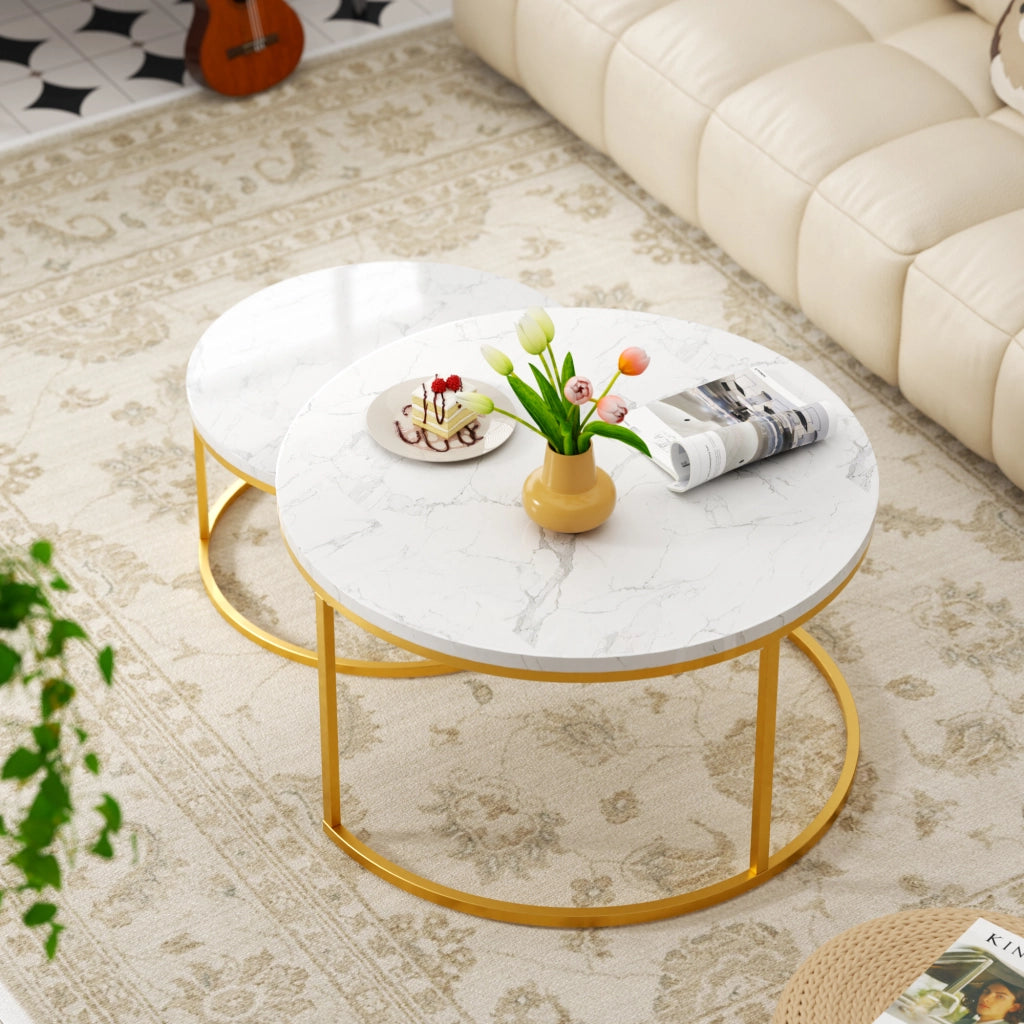 TAVOLINO DA CAFFÈ Set 2 Pezzi 80x45 cm Effetto Marmo Bianco con Struttura color oro