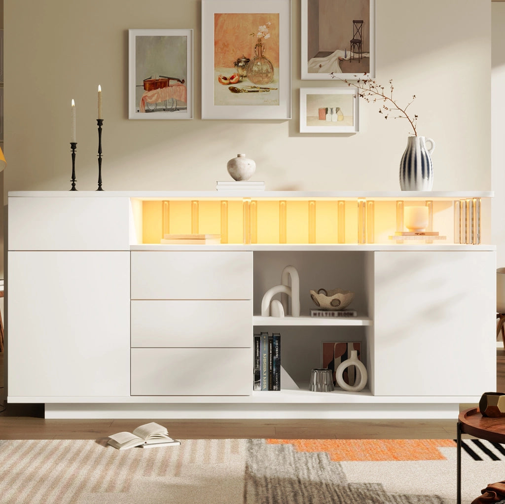 Sideboard bianco 160x40x75 cm con LED, 4 cassetti e 2 ante