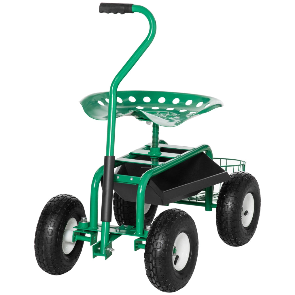 Sgabello da giardino girevole e regolabile in altezza ¨C zephmum ¨C Verde, metallo, con ruote e ripiano
