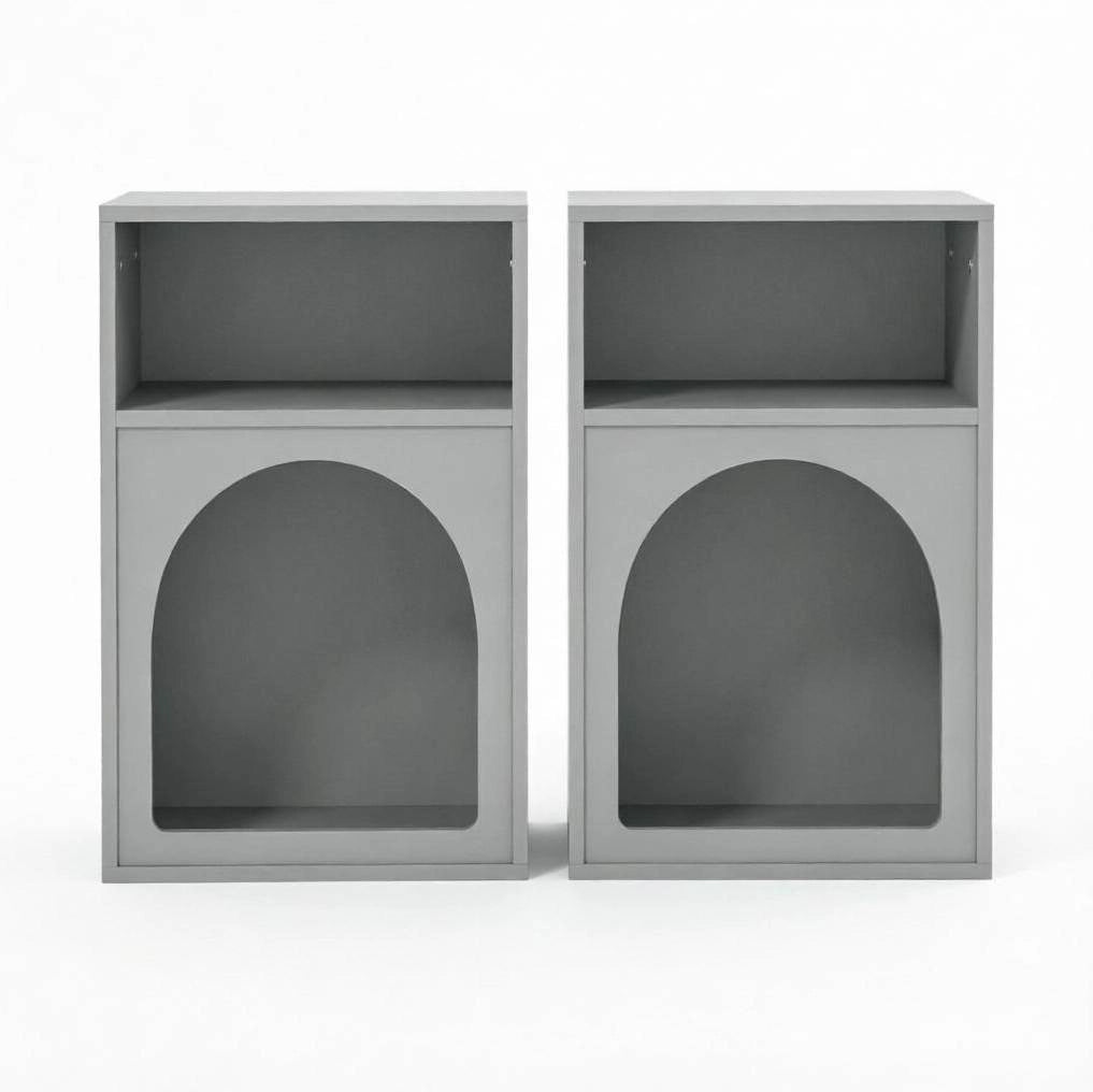 Set di 2 Comodini in MDF Grigio con Ripiani Aperti e Design Curvo, 40x30x60 cm
