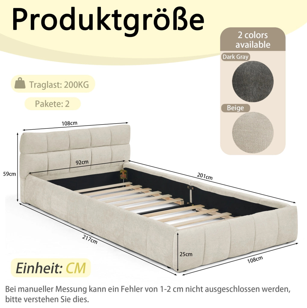 Letto imbottito 90x200 cm con cuciture quadrate in ciniglia beige