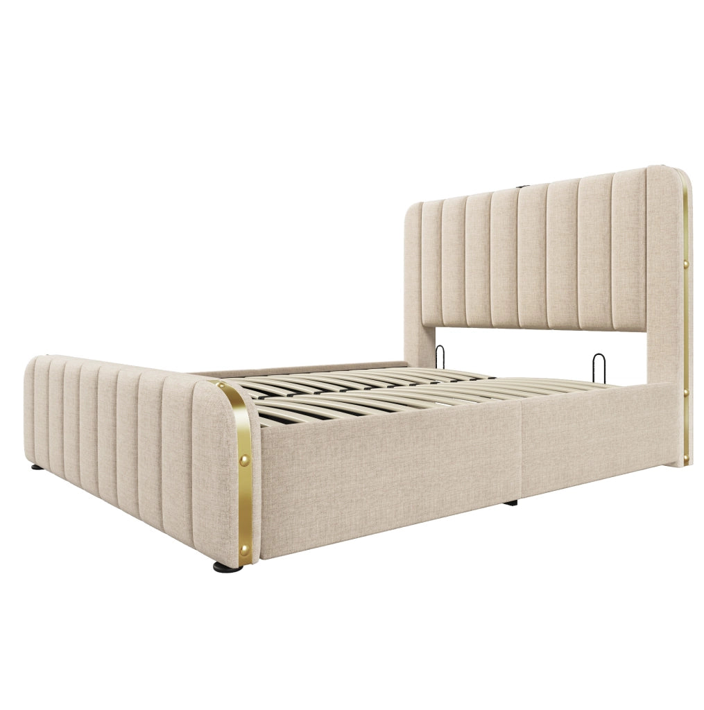 Letto imbottito 140x200 cm con contenitore e USB Type C in lino beige