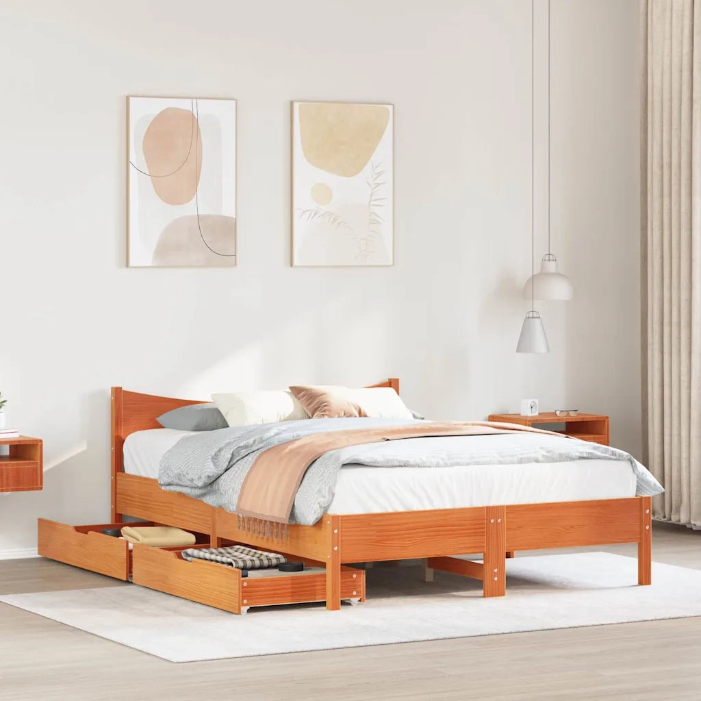 Giroletto con Cassetti-Struttura Letto con contenitore Marrone Cera 150x200 cm Massello Pino