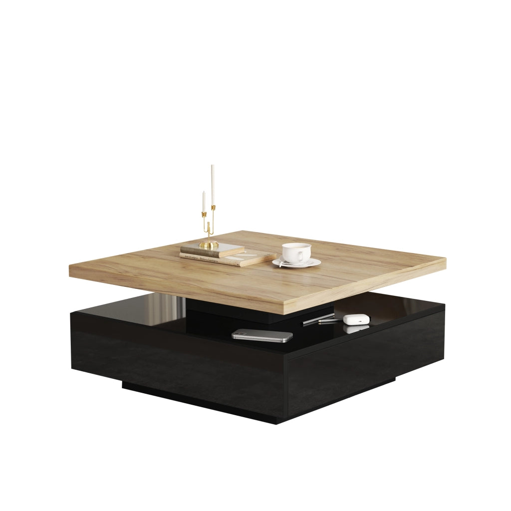 Tavolino basso con piano girevole a 360° e vano contenitore, per soggiorno, in truciolare, noce e nero, 70 × 70 × 36 cm