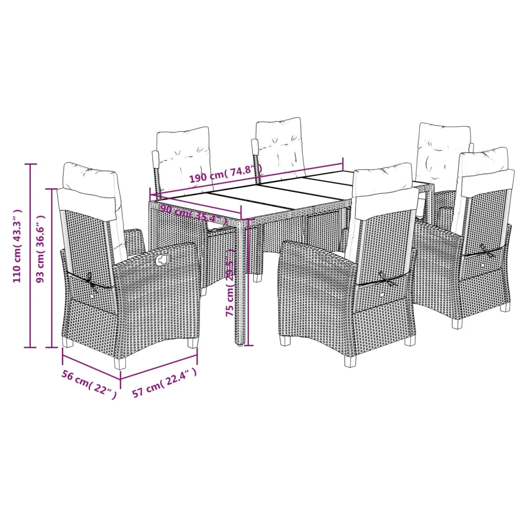 Set da Pranzo da Giardino 7 pz Nero con Cuscini in Polyrattan 3212641