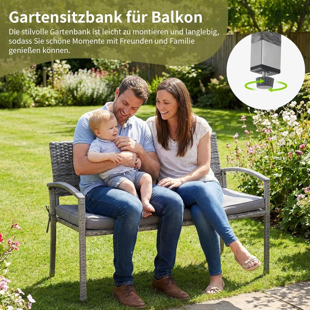 Panca da giardino, resistente alle intemperie, con cuscino, 2 posti, in polyrattan, portata 320 kg, accogliente mobili da giardino per esterni, 122 x 60 x 90 cm, per balconi, giardini