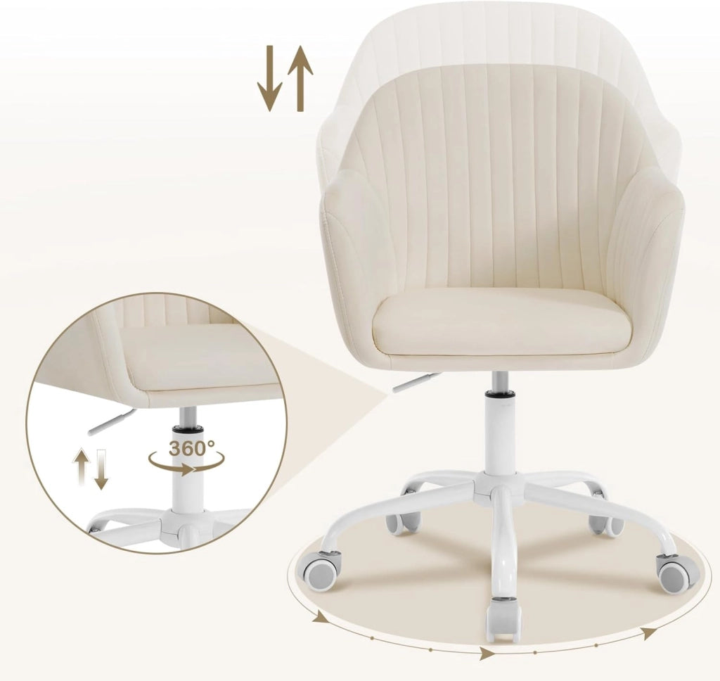 Poltrona Ergonomica da Ufficio, Sedia da Toeletta Girevole, in Velluto Imbottita, Regolabile in Altezza per Ufficio e Camera da Letto, Crema